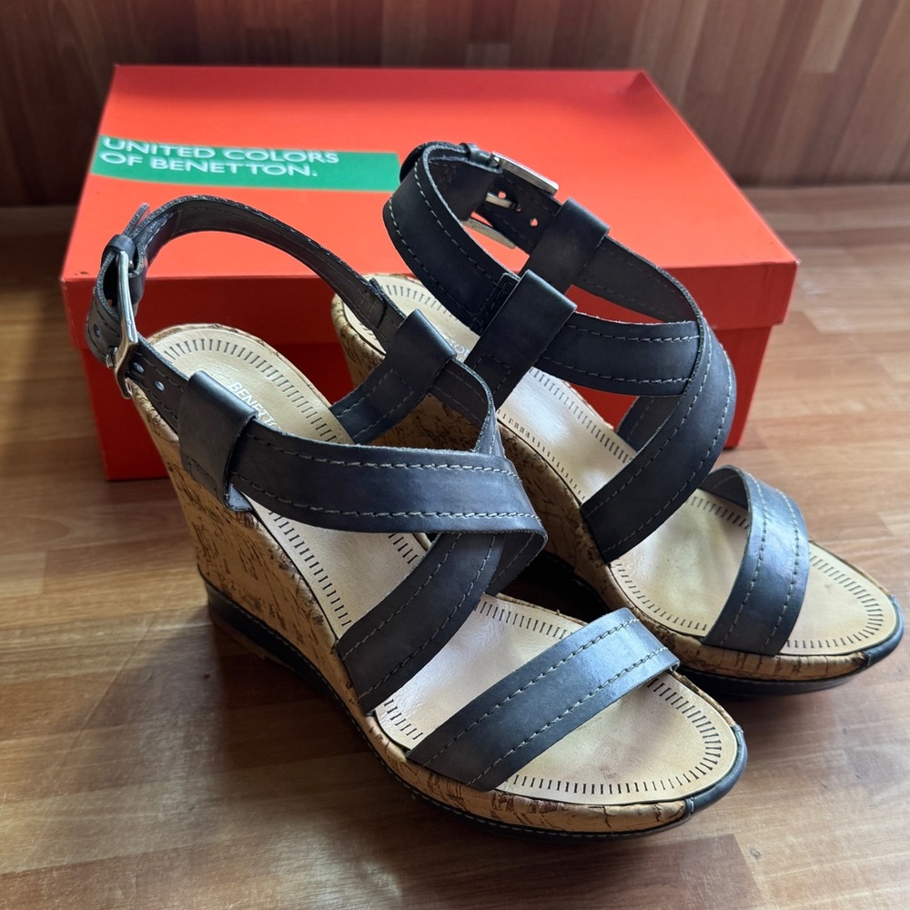 Benetton women's blue wedge leather sandals, cork sole. Size 38